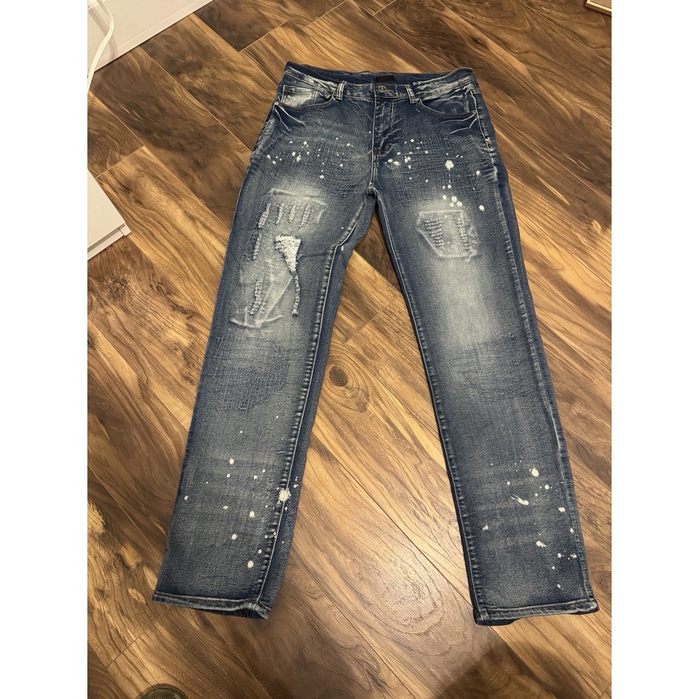 Reason Brand Jeans Mens 32x30 Blue Acid Wash Distressed Slim Streetwear Hip Hop